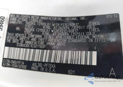 2012 Toyota Sienna Base 7 Passenger из США, поврежденный, VIN 5TDKA3DC1CS011697